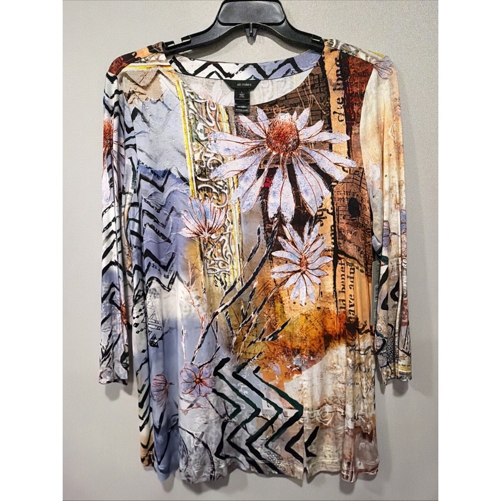 Ali Miles NWT Woman's L  Fairy Graphic Print,Large Daisies,Rhinestone 3/4 Sleeve